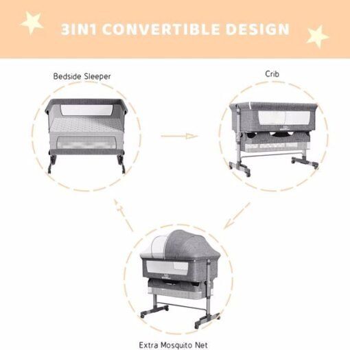 3-in-1 Bedside Crib With Mosquito Net, Large Storage Bag, Comfortable Mattress With Lockable Wheels, Grey - Larawan 7
