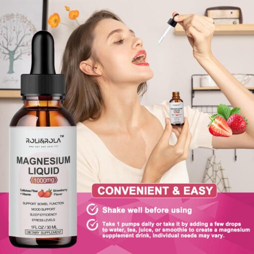 Magnesium Glycinate Liquid Drops - ROLI&ROLA With Cellulose Fiber, Vitamins B6, C, D, Zinc At Night, Digestive Health, Strawberry Flavour 30mlX2 Packets - immagine 5