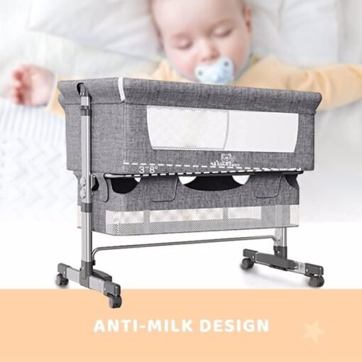 3-in-1 Bedside Crib With Mosquito Net, Large Storage Bag, Comfortable Mattress With Lockable Wheels, Grey - Larawan 3