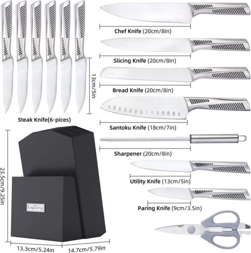 Kitchen Knife Set. LapEasy 15 Piece Knife Sets With Block Chef Knife Stainless Steel Hollow Handle Cutlery With Manual Sharpener - immagine 4