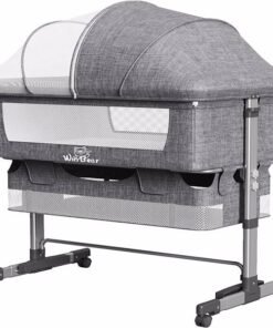 3-in-1 Bedside Crib With Mosquito Net, Large Storage Bag, Comfortable Mattress With Lockable Wheels, Grey