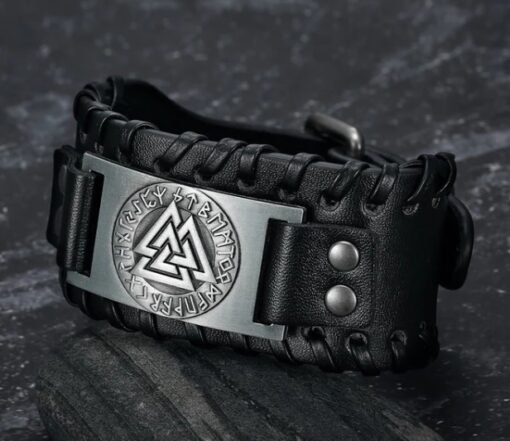 Nordic Viking Totem Triangle Energy Men's Leather Bracelet - Imagen 2