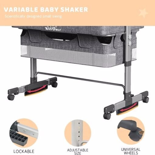 3-in-1 Bedside Crib With Mosquito Net, Large Storage Bag, Comfortable Mattress With Lockable Wheels, Grey - Larawan 4