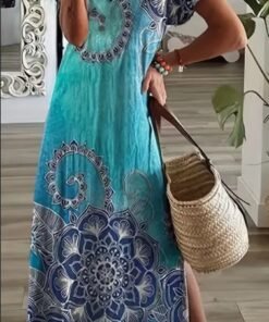 Floral Print Side Split Dress, Casual V Neck Short Sleeve Dress, Women's Clothing