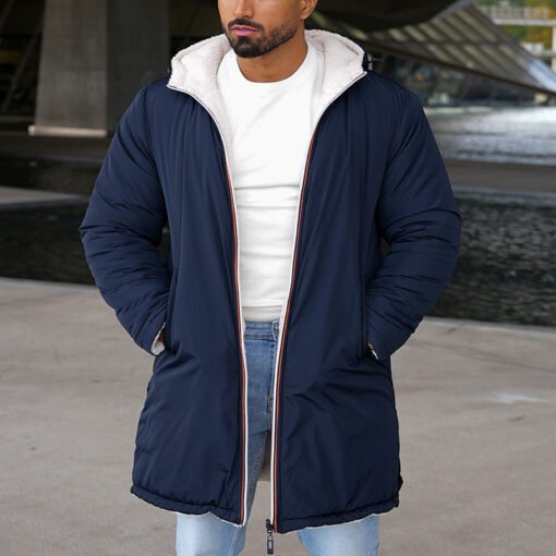Double-sided Fall Winter Hooded Double-sided Zipper Coat Color Matching Warm Windbreaker Men's Coat - Image 5