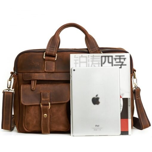 Genuine men''s bags retro men''s business bags briefcase cowhide oblique Bag 15.6 inch Laptop Bag - Image 9