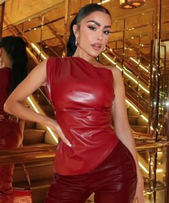 Women's Slant-shoulder Pleated Leather Top