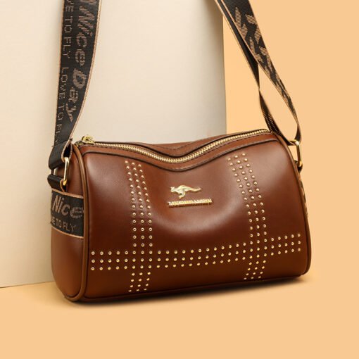 Color Contrast Patchwork Rivet Crossbody Soft Leather Shoulder Bag - Image 5
