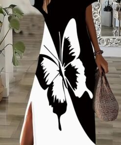 Elegant Women's Short Sleeve V-Neck Knit Fabric Dress With 3D Black And White Butterfly Print And Side Split Detail,  Fit And Flare Maxi Dress For All Seasons