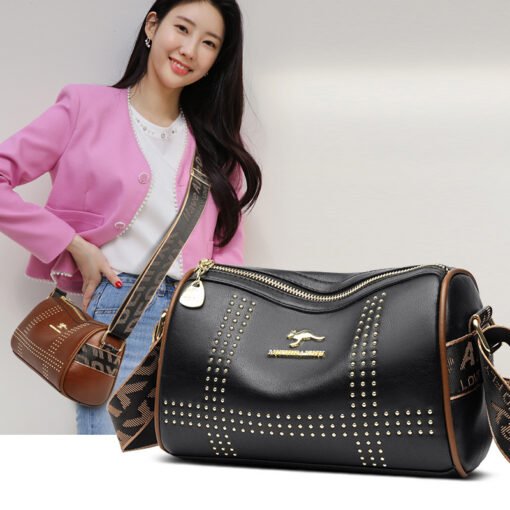 Color Contrast Patchwork Rivet Crossbody Soft Leather Shoulder Bag - Image 7