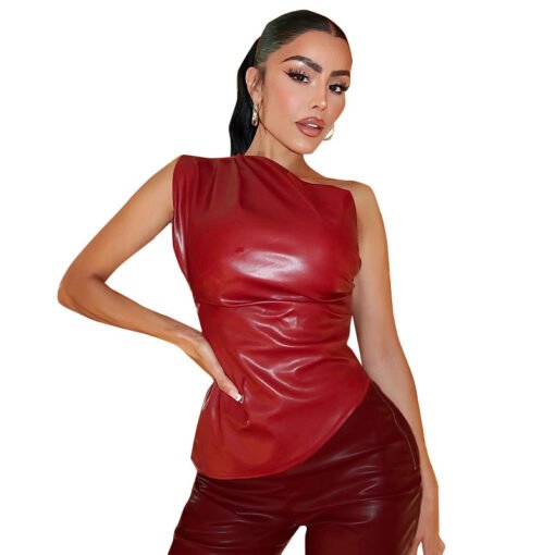 Women's Slant-shoulder Pleated Leather Top - Image 6