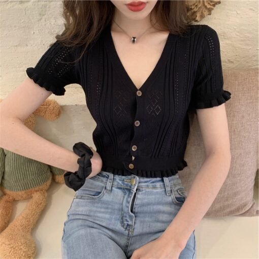 Retro V-neck Short Tup Cardigan Hollow Out Thin T-shirt - Image 10