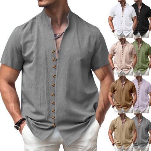 Linen Button Stand Collar Short Sleeve Shirt - Larawan 5