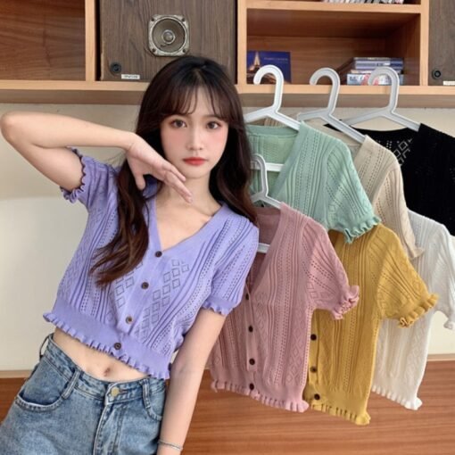 Retro V-neck Short Tup Cardigan Hollow Out Thin T-shirt - Image 5