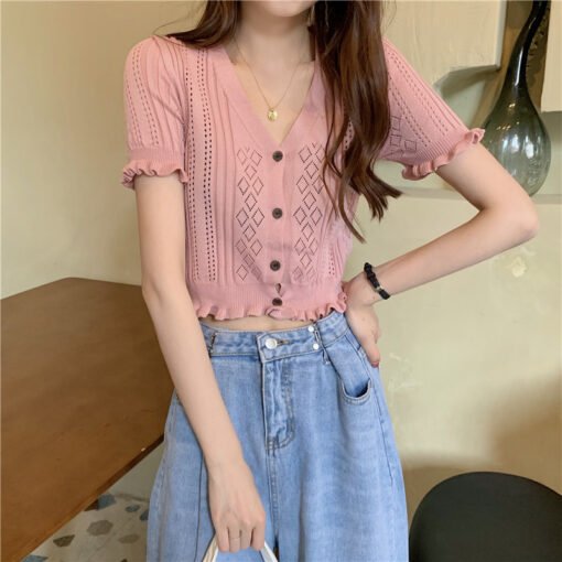 Retro V-neck Short Tup Cardigan Hollow Out Thin T-shirt - Image 9