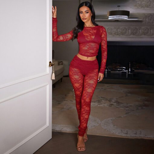 Stitching Lace See-through Trousers Two-piece Set - Imagen 3