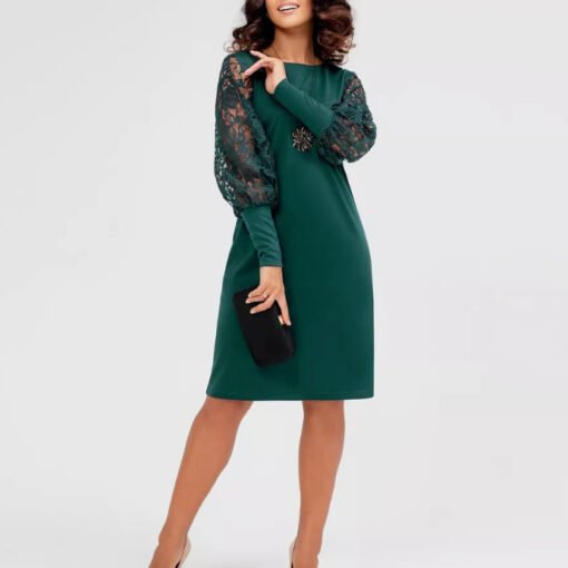 Round Neck Long Sleeve Lace Sleeve Slim Fit Patchwork Dress - Hình ảnh 2