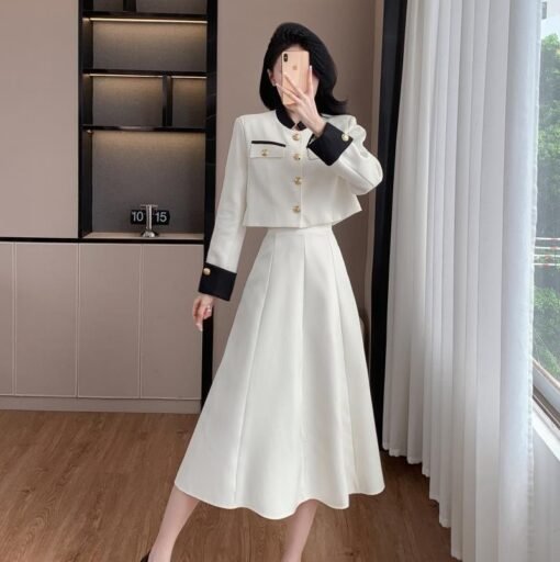 Socialite Temperament Twinset Contrast Color Top High Waist Skirt Suit - immagine 2