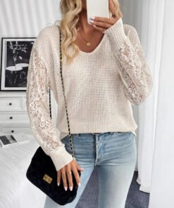 Elegant Women's Solid Color V-neck Lace Stitching Long Sleeve T-shirt