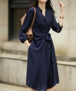 Lace-up Acetate Shirt Dress Waist-tight
