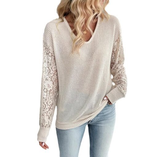 Elegant Women's Solid Color V-neck Lace Stitching Long Sleeve T-shirt - Image 5
