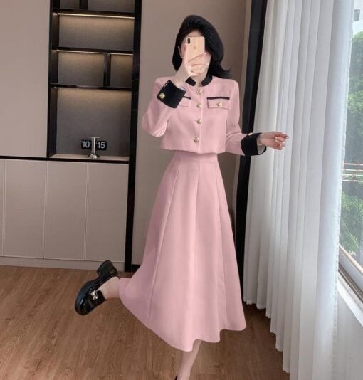 Socialite Temperament Twinset Contrast Color Top High Waist Skirt Suit - immagine 3