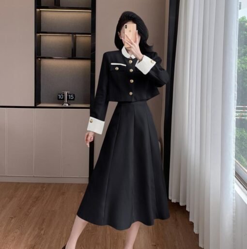 Socialite Temperament Twinset Contrast Color Top High Waist Skirt Suit - immagine 5