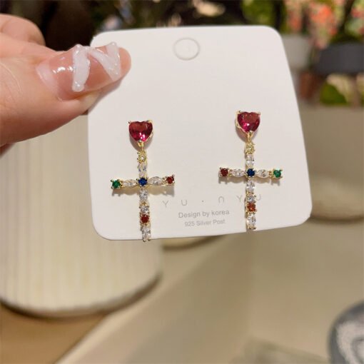 Simple Temperamental Exquisite Light Luxury Micro Inlaid Zircon Color Cross Stud Earrings - Larawan 4