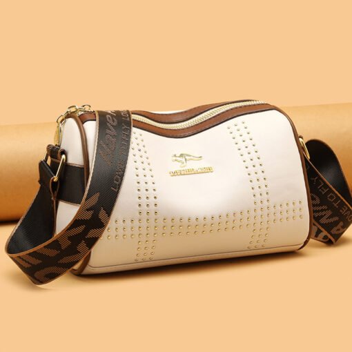 Color Contrast Patchwork Rivet Crossbody Soft Leather Shoulder Bag - Image 6