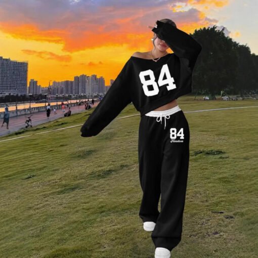 European And American Loose Casual Print Trousers Sweater Suit - Image 4