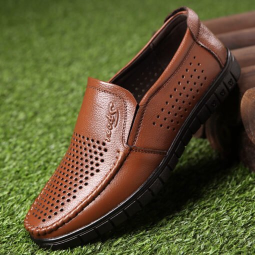 Breathable Hollow Hole Sandals Cowhide Middle-aged And Elderly Genuine Leather Soft Bottom Leather Shoes - Hình ảnh 2