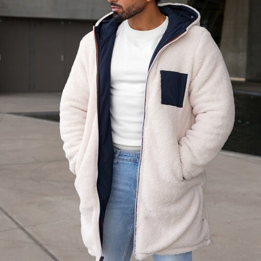 Double-sided Fall Winter Hooded Double-sided Zipper Coat Color Matching Warm Windbreaker Men's Coat - Image 3