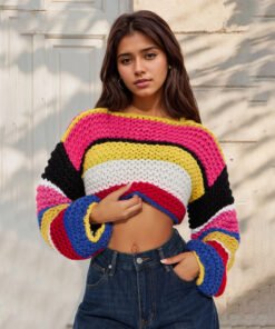 Striped Long Sleeve Rainbow Plaid Handmade Sweater