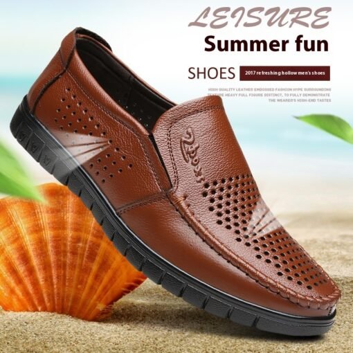 Breathable Hollow Hole Sandals Cowhide Middle-aged And Elderly Genuine Leather Soft Bottom Leather Shoes - Hình ảnh 5