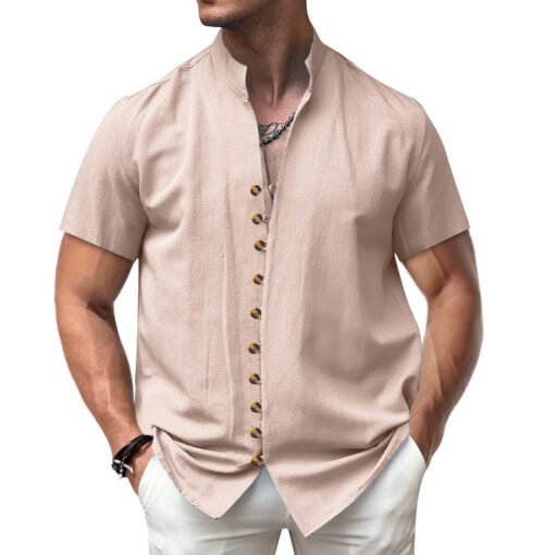 Linen Button Stand Collar Short Sleeve Shirt - Larawan 10