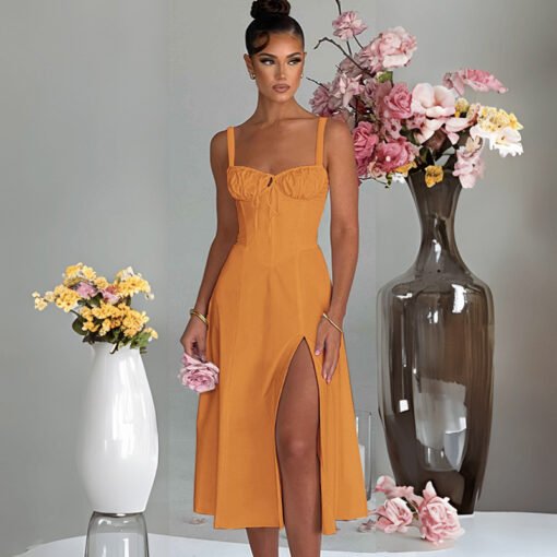 Casual Lace Up Slim Fit Slit Sling Dress - Image 2